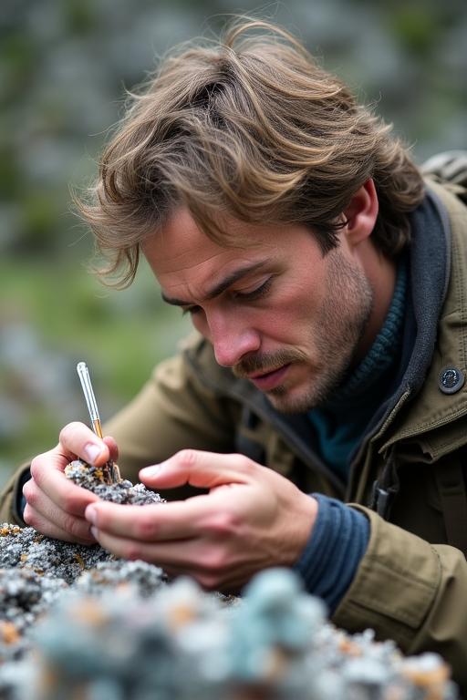 Immagine di un geologo che analizza un minerale in natura